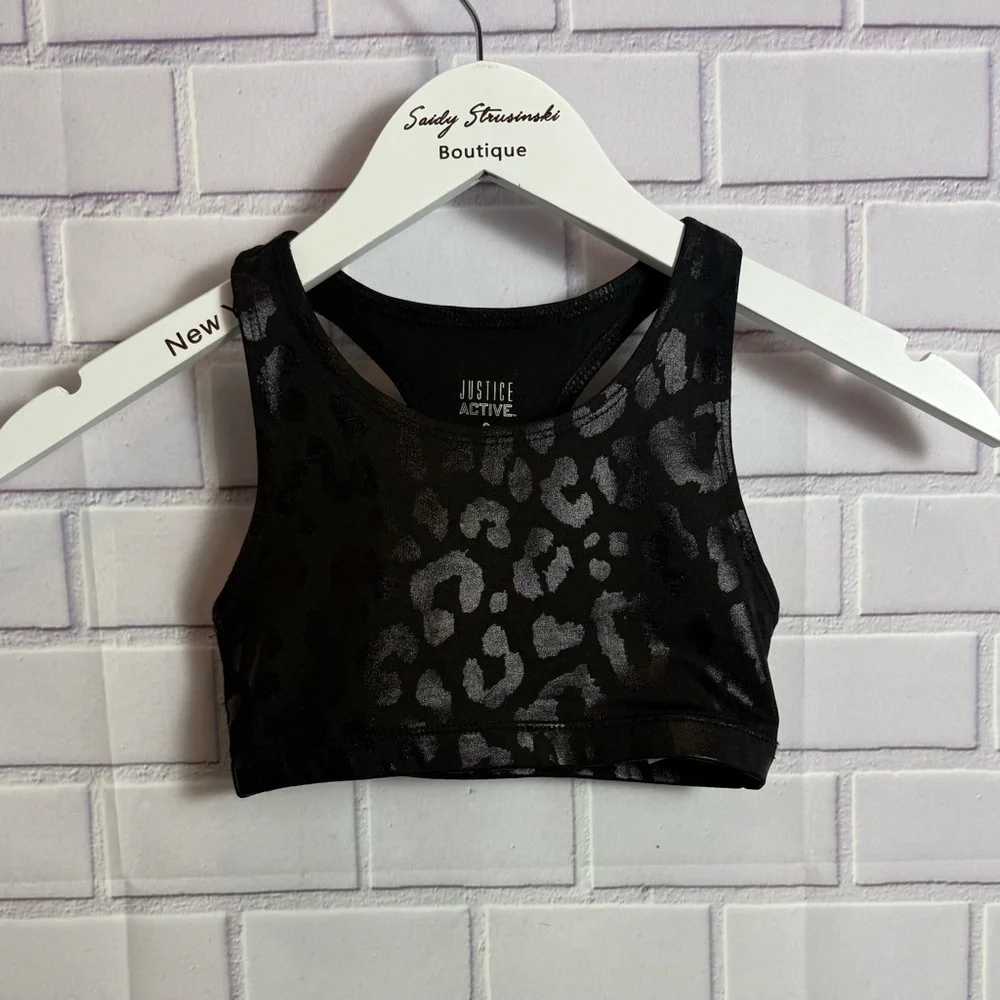 Justice Active Girls Yellow Black Graphic Athletic Top Built-In Sports Bra /Sz 8